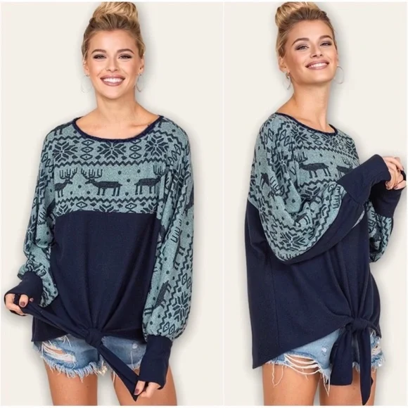 New Fair Isle Holiday Tie Front Top - Picture 6 of 7